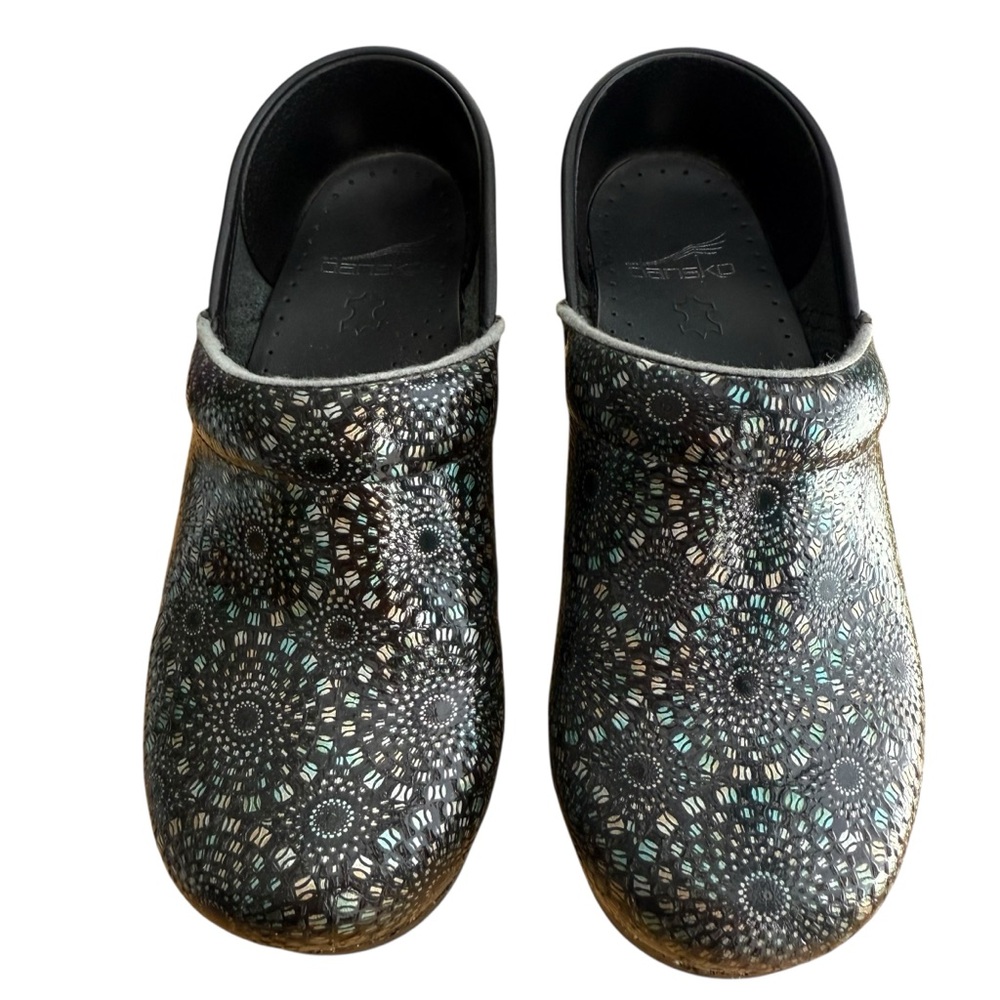 Dansko Black,Teal, and Silver Patterned Clogs size 6